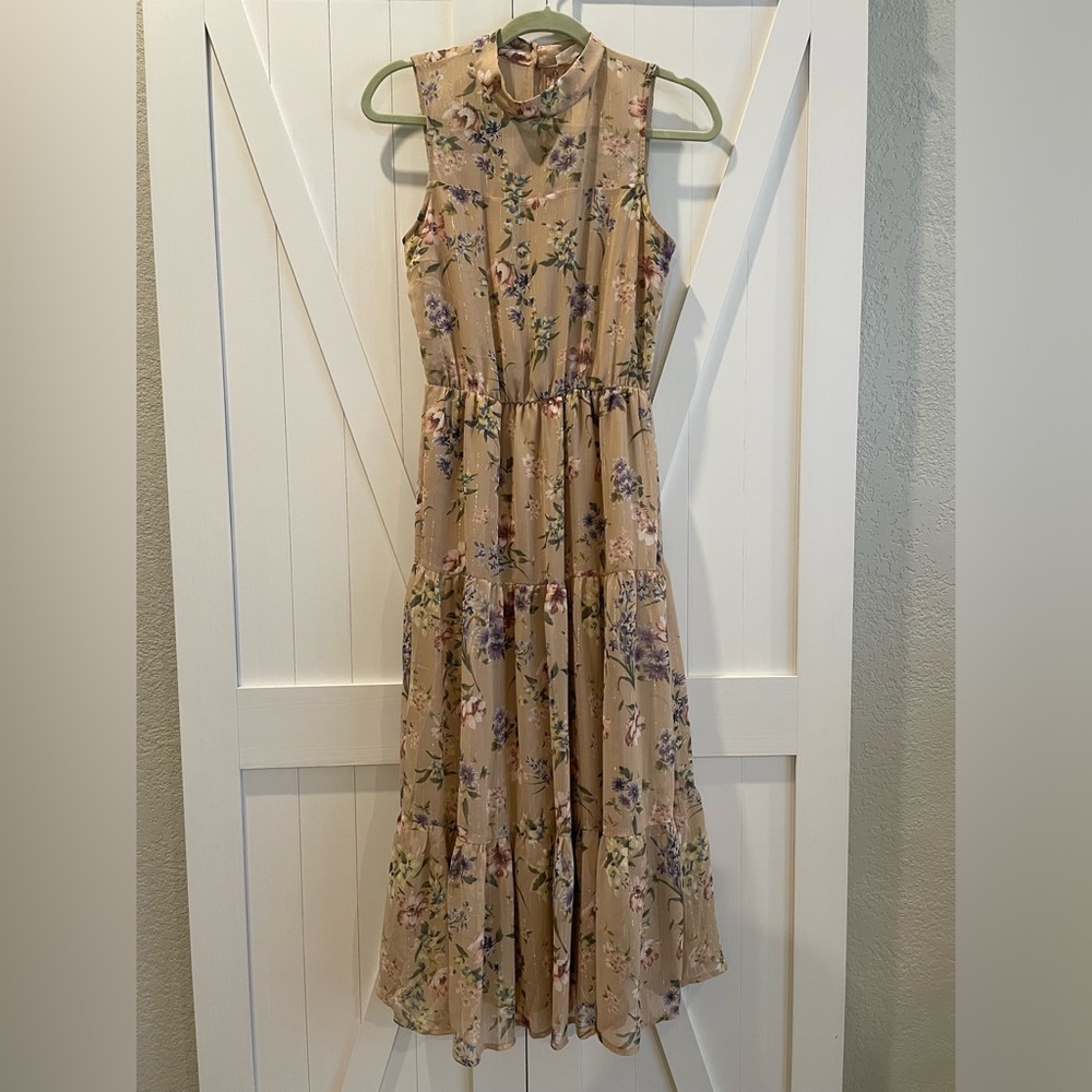 Lush Midi Length Floral Dress - Size Small - Beige